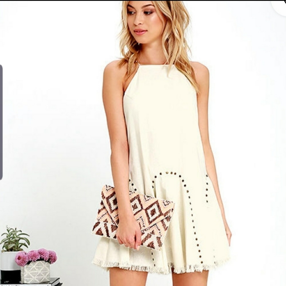 Moon River Blissful Dream Ivory Tank Dress Linen Blend Keyhole Mini Frayed M